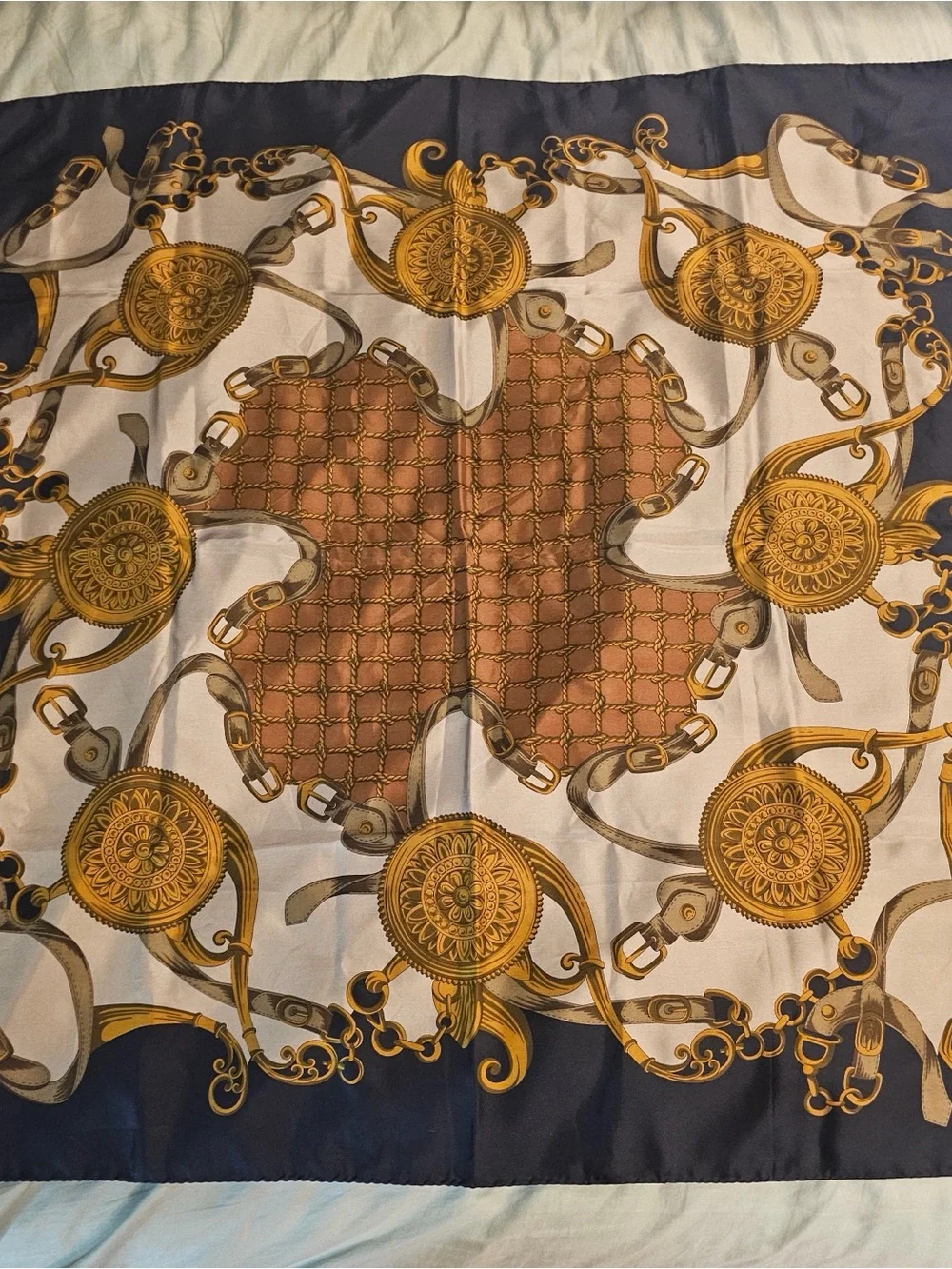 Vintage Silk Scarf Lot 2pc Echo Teal Fleur de lis Navy Equestrian